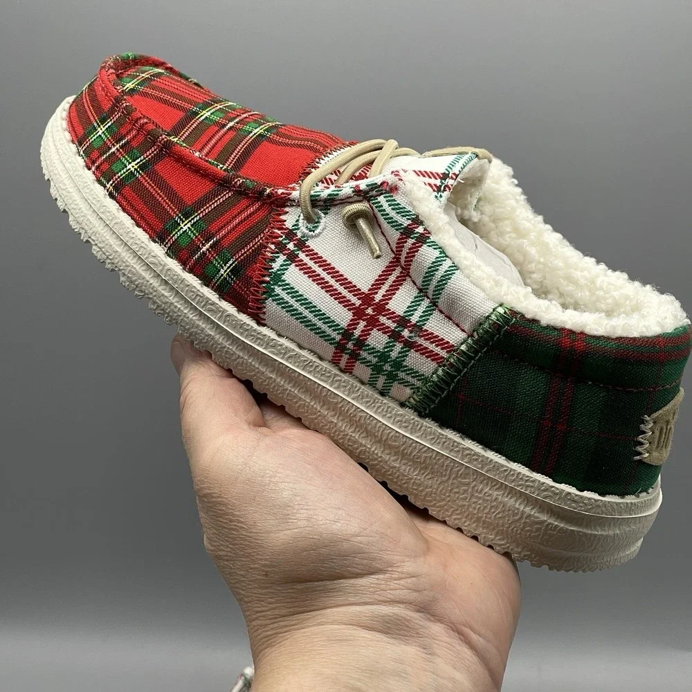 Hey‎ Dude Wally Youth Shoes US J1 Plaid Tartan Red White Green Slip-On Festive